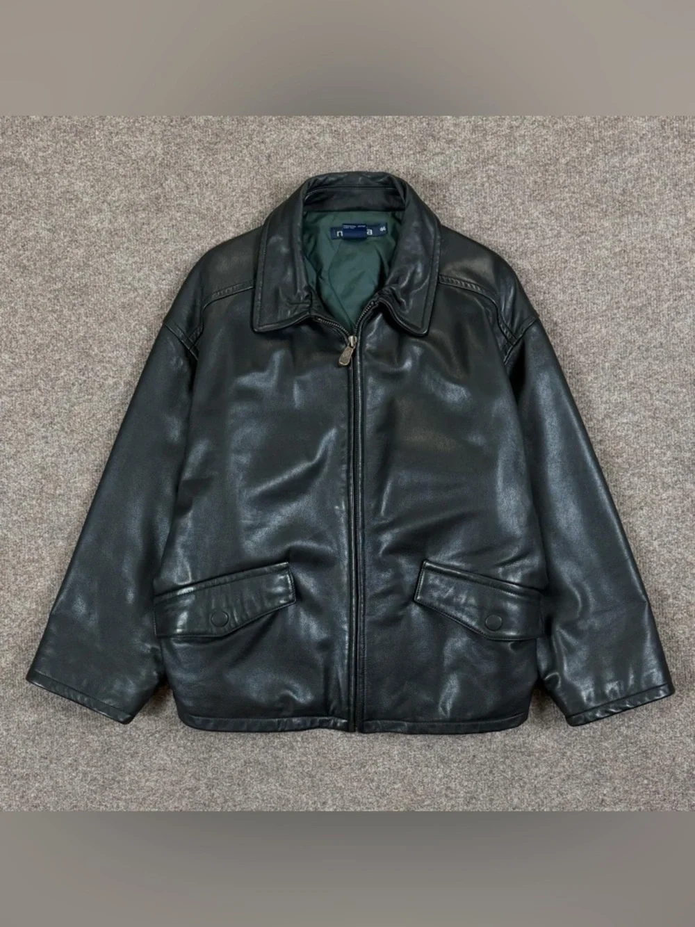 Vintage Nautica Black Leather Full Zip Moto Jacket Men’s 44 XL Waist Buckle 90s